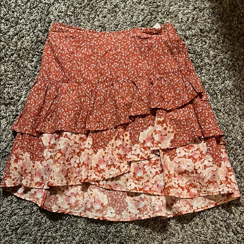 Altar'd State Orange Mini Skater Skirt with Ruffled Tiers